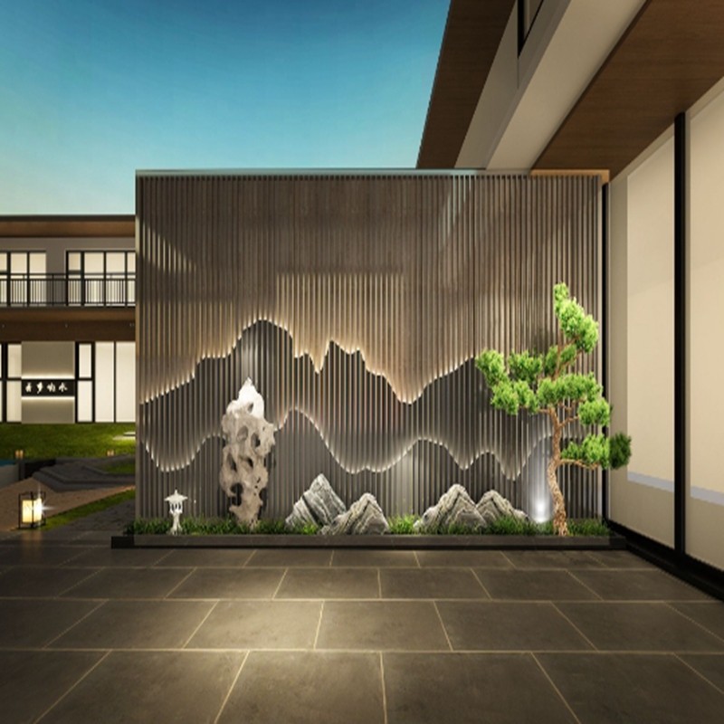 新中式圆形假山镂空不锈钢背景墙圆弧嵌入铝浮雕户外庭院玄关